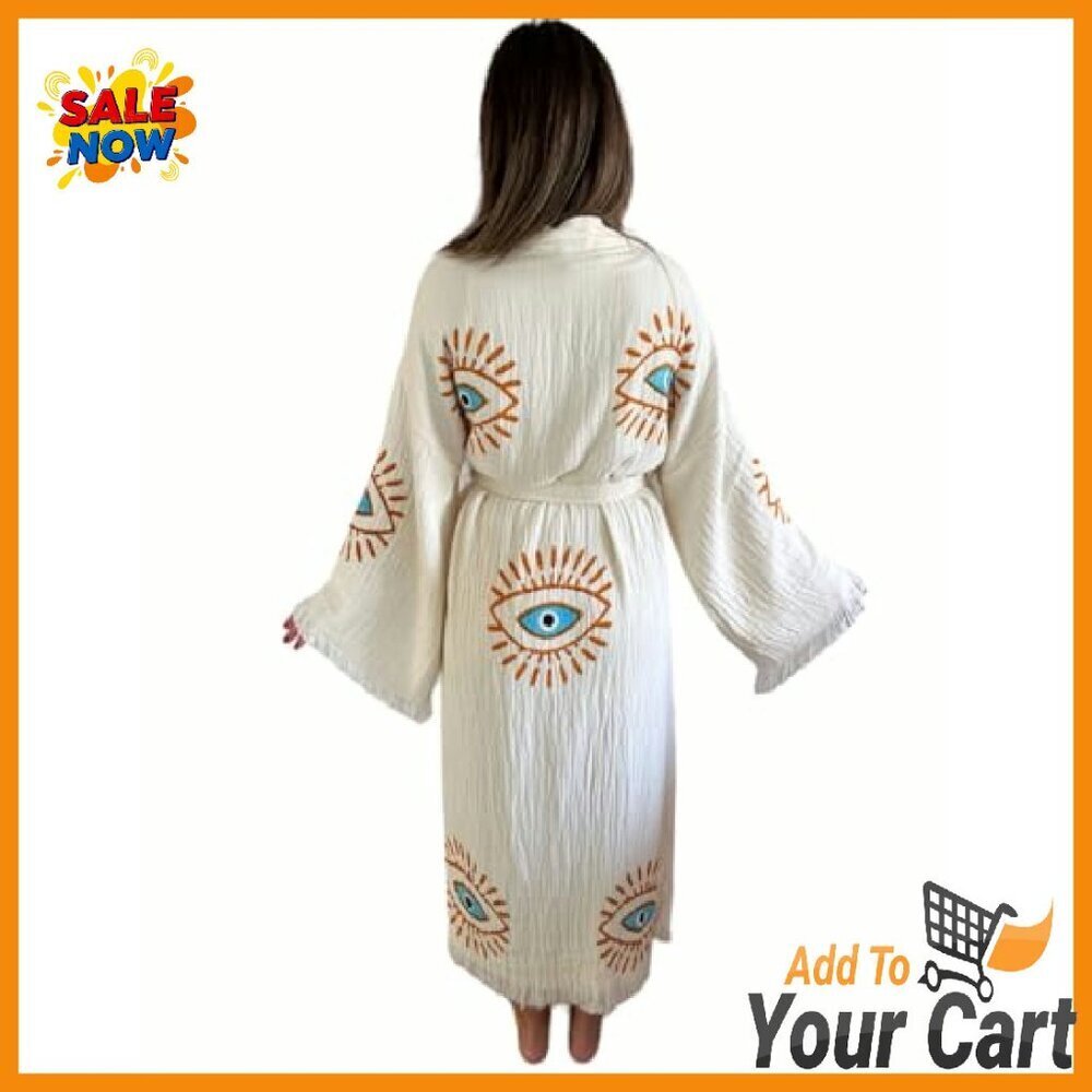 Handmade Evil Eye Kimono Boho Cotton Cardigan Festival Beach Cover Up - Picture 7 of 8